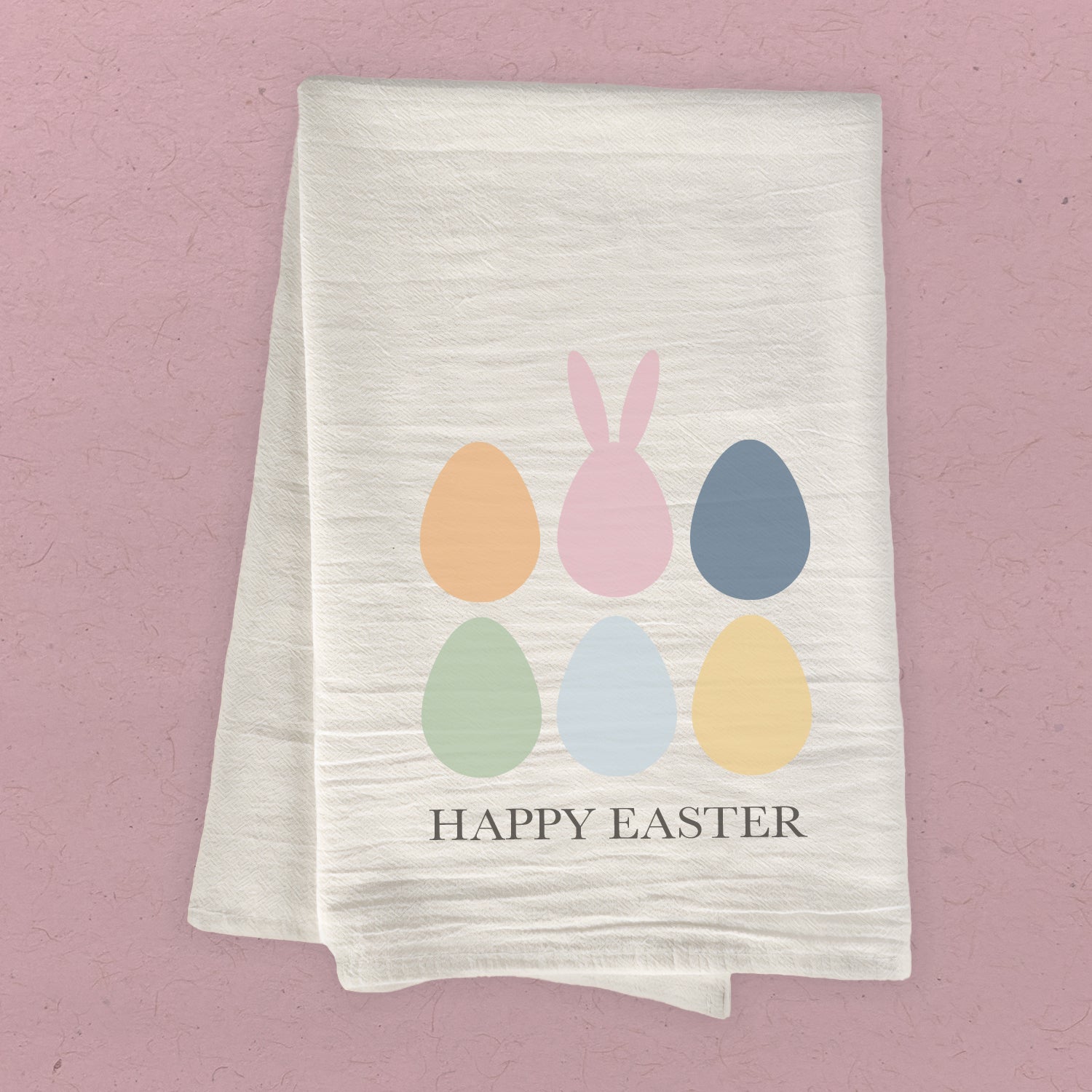 Happy Easter Eggs cotton tea towel featuring vibrant designs and absorbent fabric, perfect for kitchen use.