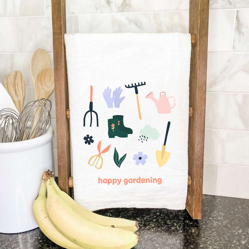 Happy Gardening Cotton Tea Towel featuring vibrant gardening-themed design, made from 100% absorbent cotton, measuring 27 inches square.