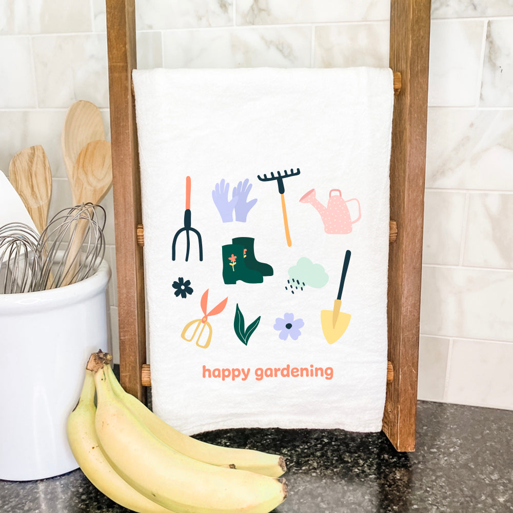 Happy Gardening Cotton Tea Towel featuring vibrant gardening-themed design, made from 100% absorbent cotton, measuring 27 inches square.