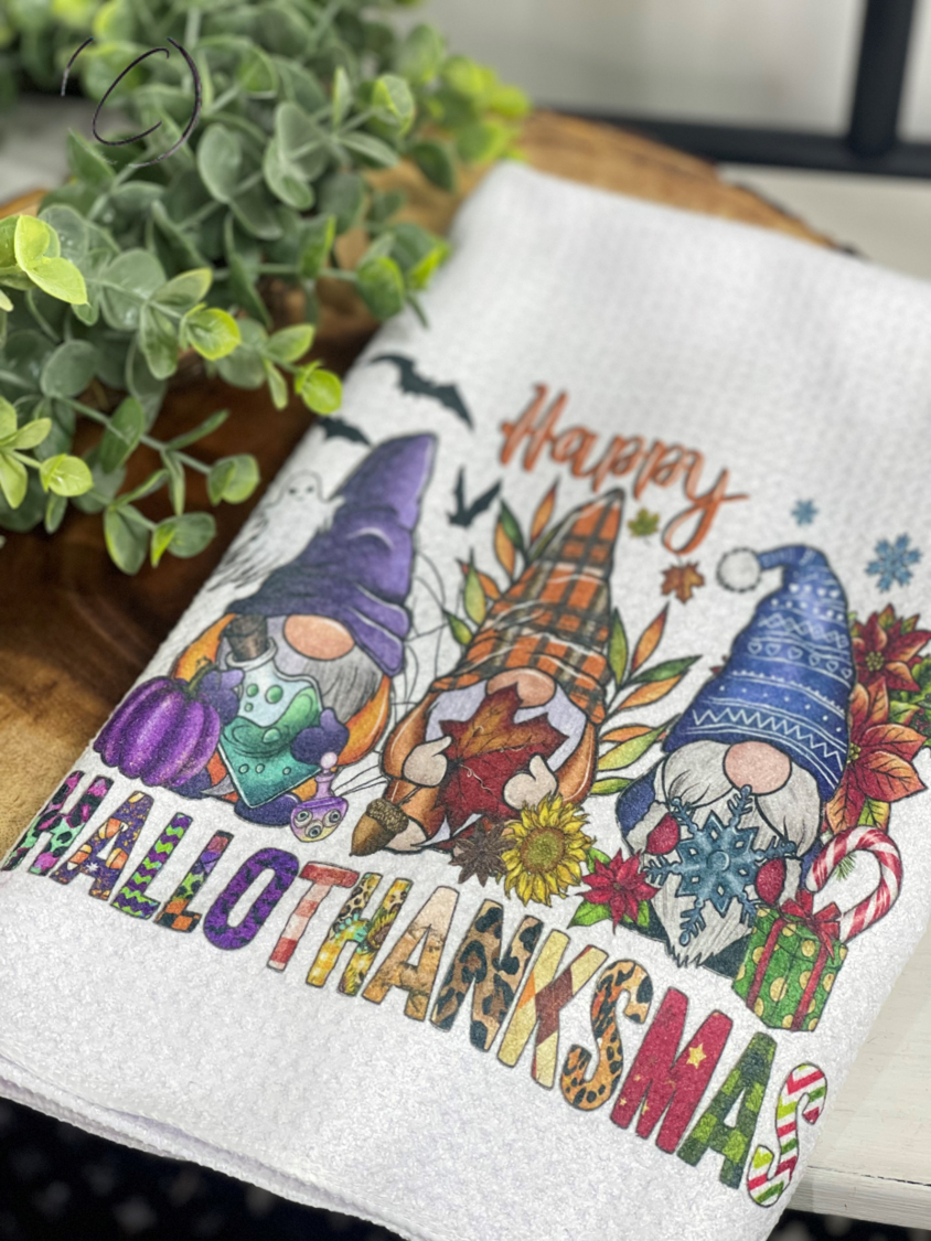 Happy Hallothanksmas Waffle Weave Tea Towel featuring festive design and waffle texture, perfect for kitchen or bathroom use.