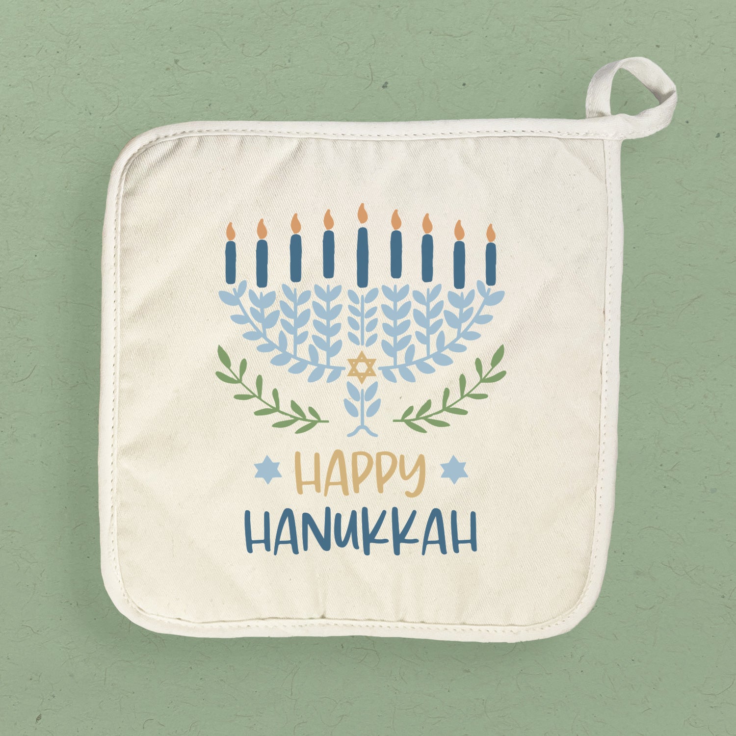 Happy Hanukkah cotton pot holder featuring vibrant designs, perfect for protecting surfaces from hot cookware.