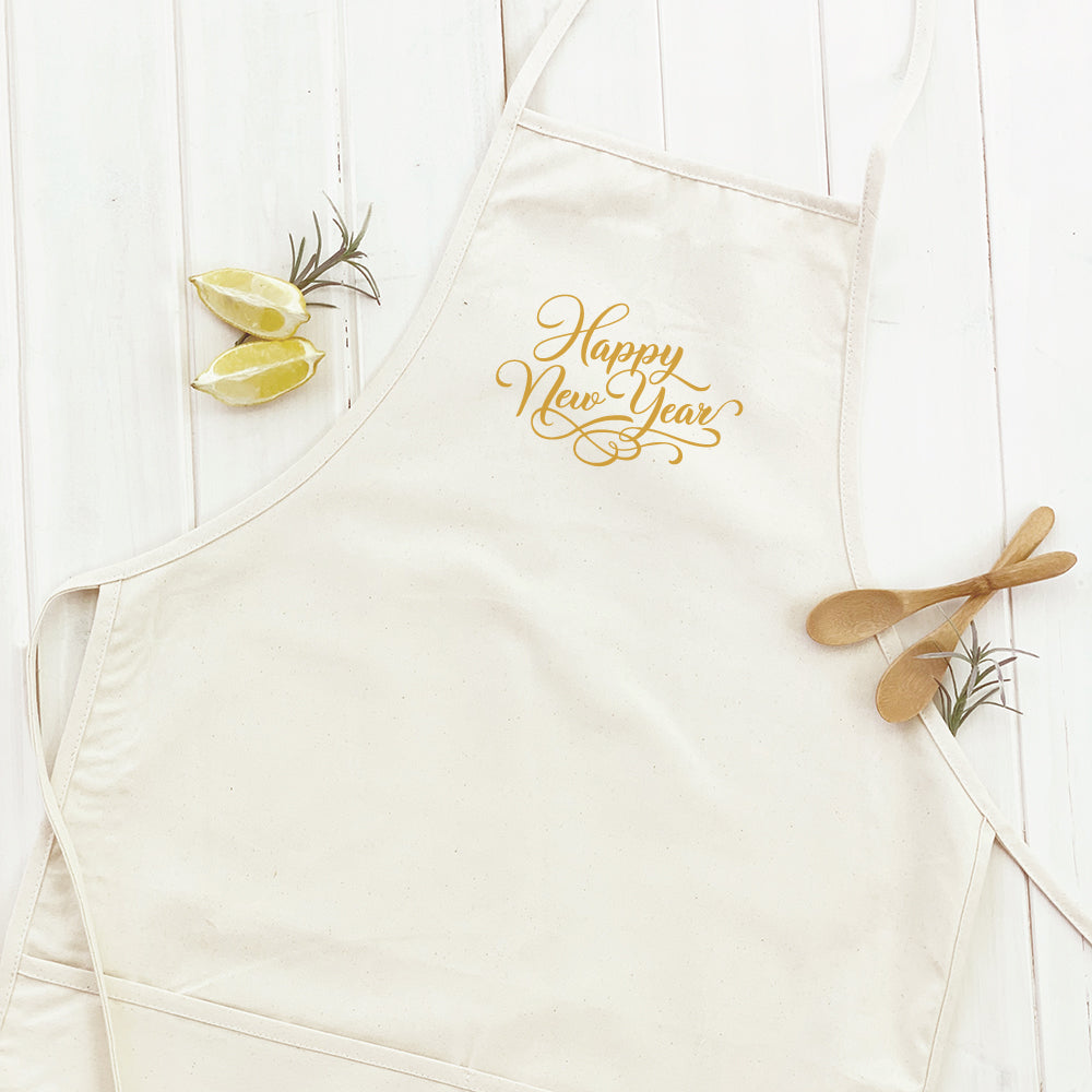 Happy New Year Gold Script Women's Apron featuring elegant gold lettering on a stylish cotton canvas fabric.