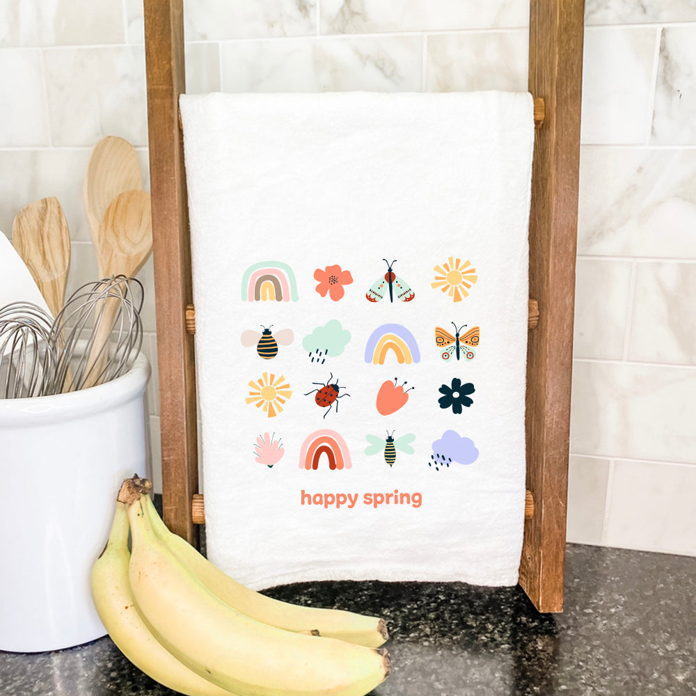 Happy Spring cotton tea towel featuring vibrant floral designs, made from 100% absorbent cotton, perfect for kitchen use.