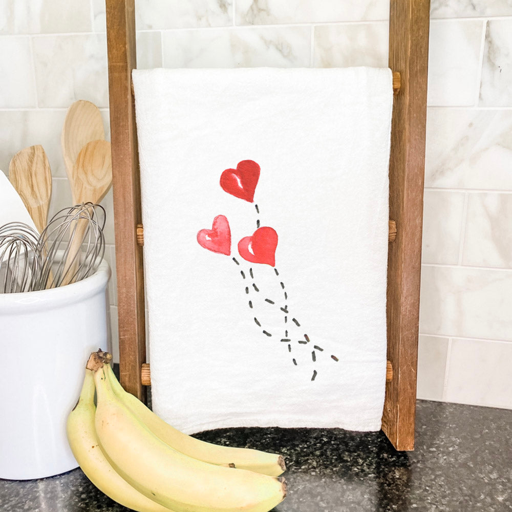 Heart Balloons Cotton Tea Towel featuring vibrant heart balloon design on absorbent cotton fabric, perfect for kitchen use.