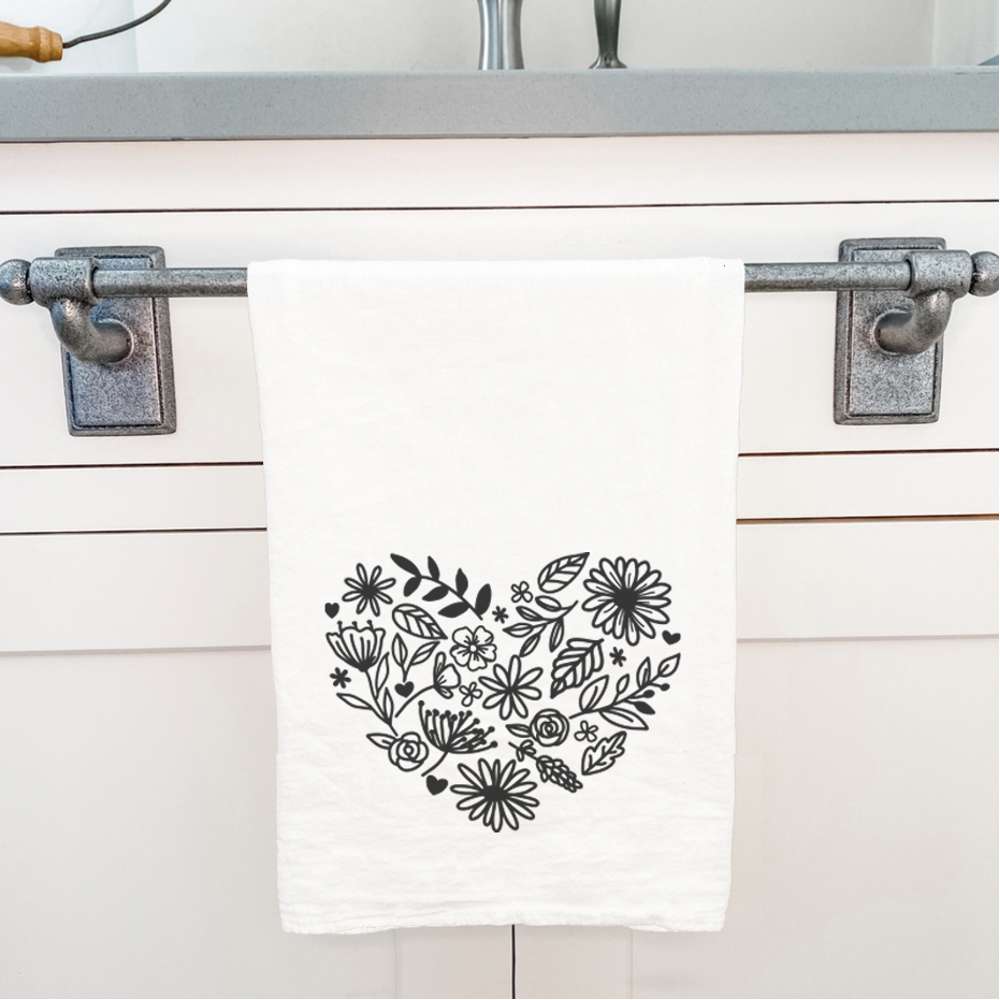 Heart of Flowers Cotton Tea Towel featuring a vibrant floral design, made from 100% absorbent cotton, ideal for kitchen use.