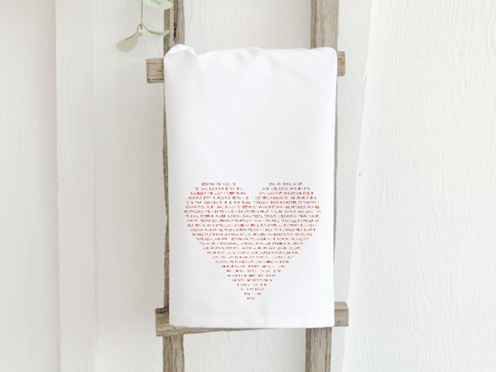 Heart Verses Cotton Tea Towel featuring a vibrant design, made from 100% absorbent cotton, measuring 27 inches square.