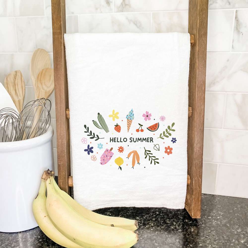 Hello Summer Cotton Tea Towel featuring vibrant water-based ink designs on absorbent fabric, perfect for kitchen use.