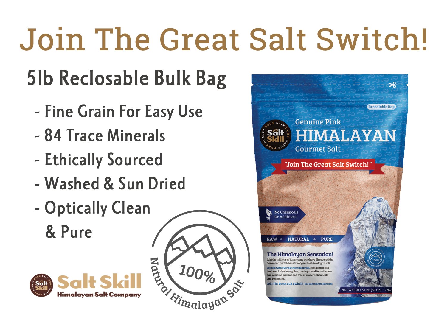 A 5lb reclosable bag of fine grain Himalayan salt, showcasing its natural pink hue and texture, ideal for cooking and seasoning.