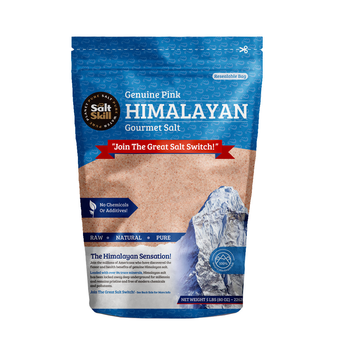 A 5lb reclosable bag of fine grain Himalayan salt, showcasing its natural pink hue and texture, ideal for cooking and seasoning.