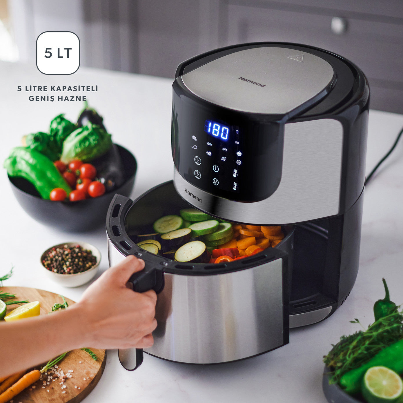 Homend Airfryday 2502H Airfryer mit Touchscreen und großem Fassungsvermögen, ideal für fettfreies Frittieren.