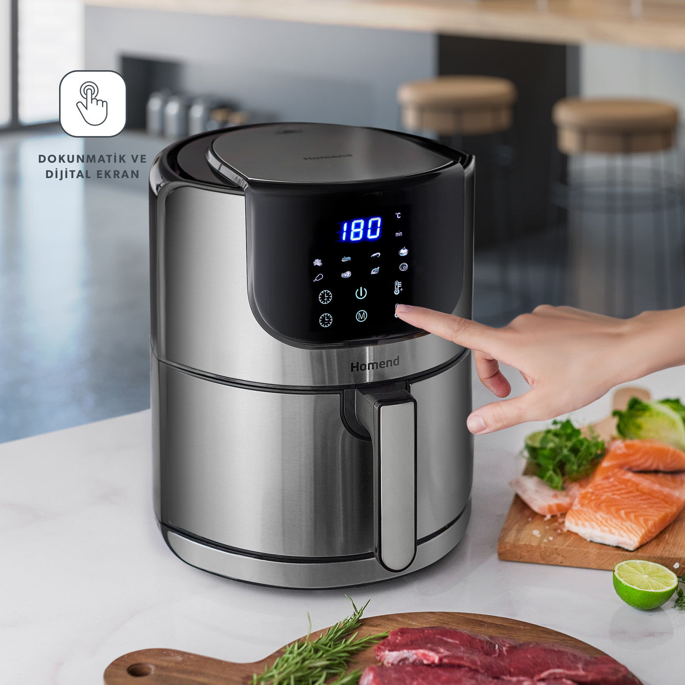 Homend Airfryday 2502H Airfryer mit Touchscreen und großem Fassungsvermögen, ideal für fettfreies Frittieren.