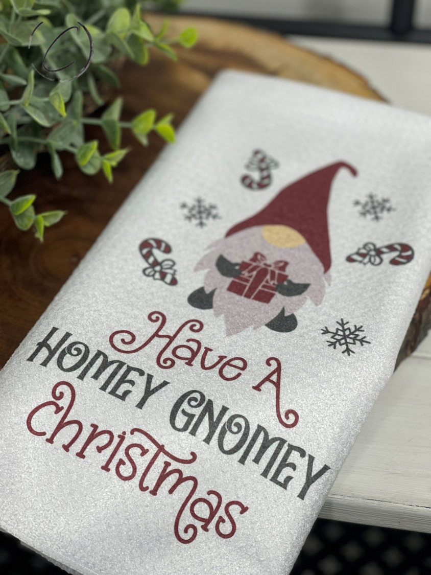 Homey Gnomey Christmas Waffle Weave Tea Towel featuring a festive gnome design, perfect for holiday kitchens.