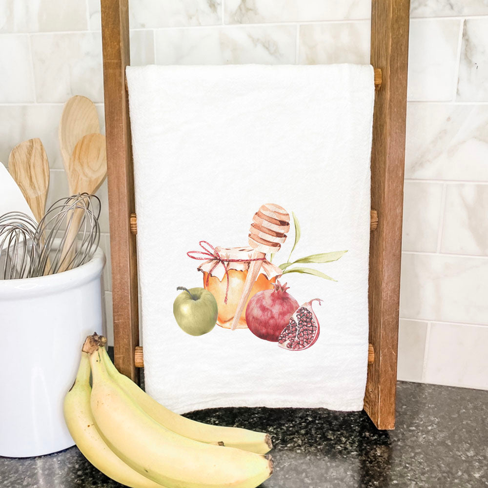 Honey and Fruit Cotton Tea Towel featuring vibrant colors and a beautiful design, perfect for kitchen use.