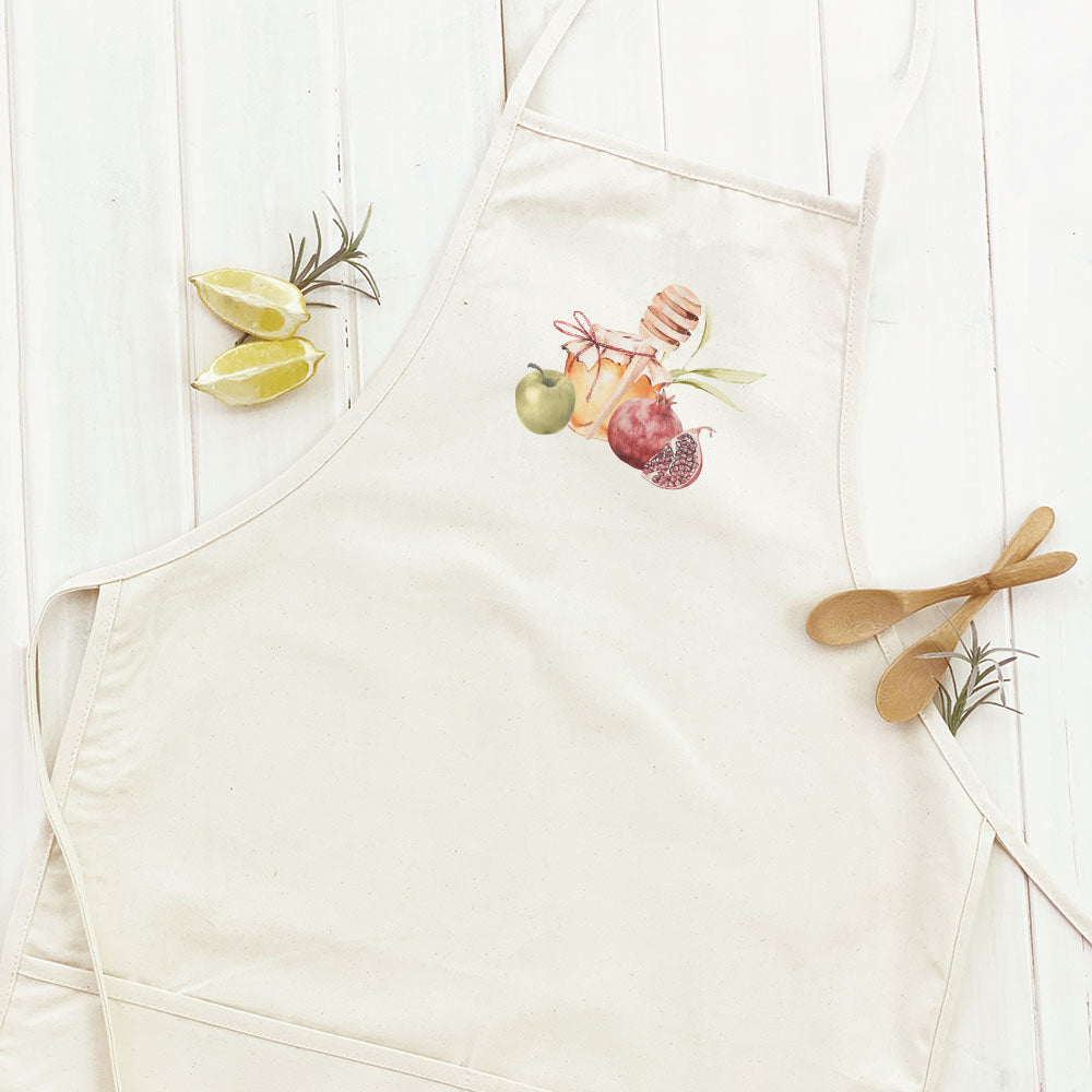 Honey and Fruit Women's Apron featuring elegant design and divided front pocket, made from durable cotton canvas.