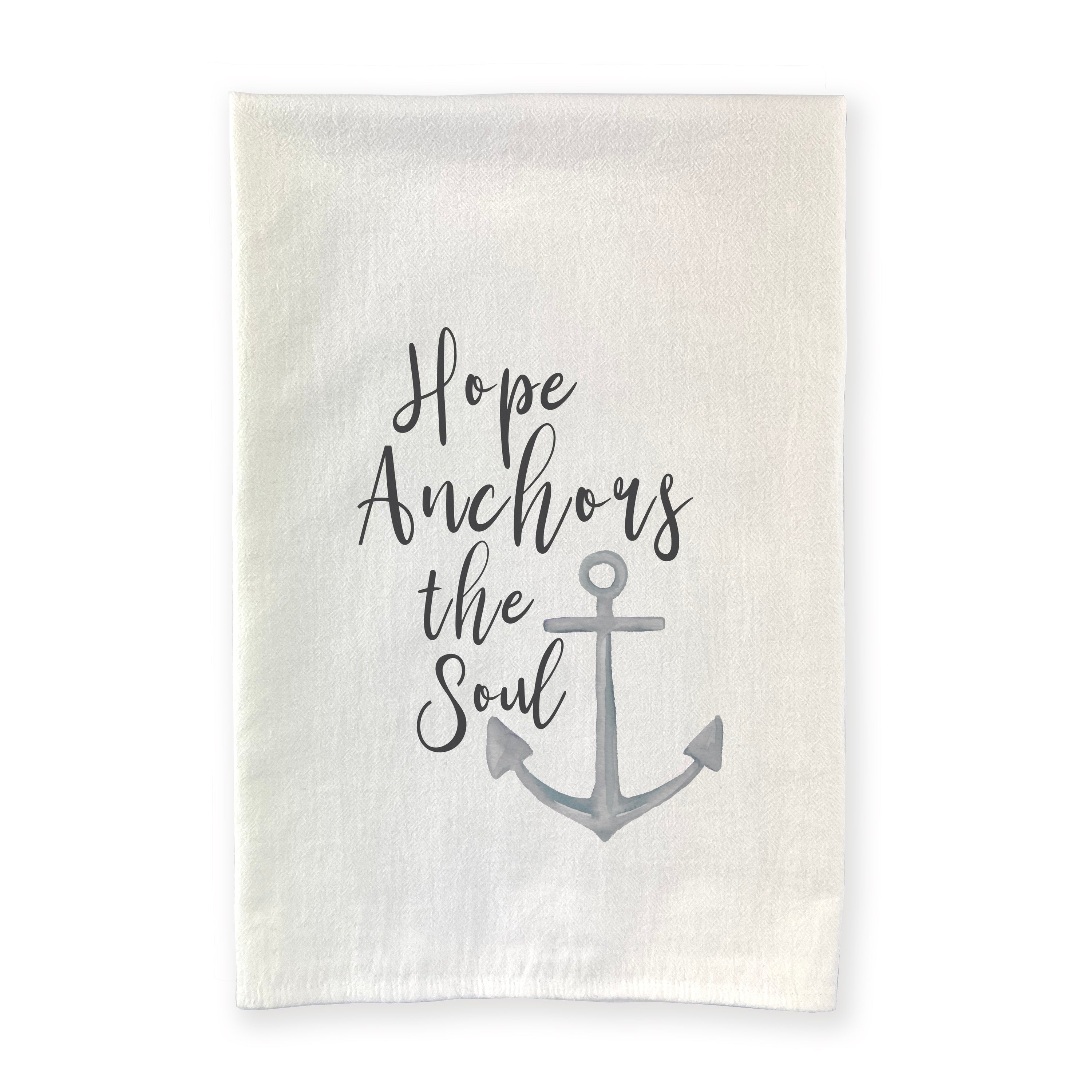 Hope Anchors the Soul cotton tea towel featuring a vibrant design, hemmed edges, and a 27-inch square size, perfect for kitchen use.