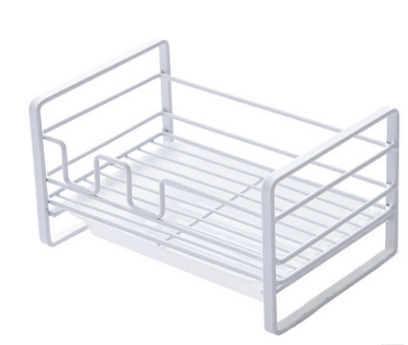 Household rack for kitchen sponges and brushes with a detachable drain basket, featuring a sleek white design and non-slip footpad.