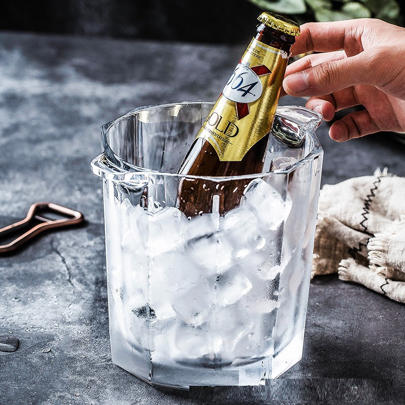 A stylish crystal glass ice bucket designed for chilling whisky, champagne, and red wine, featuring a sleek and elegant design.