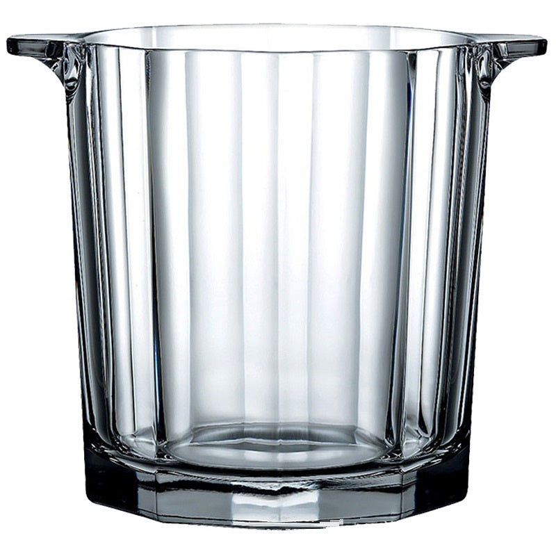 A stylish crystal glass ice bucket designed for chilling whisky, champagne, and red wine, featuring a sleek and elegant design.