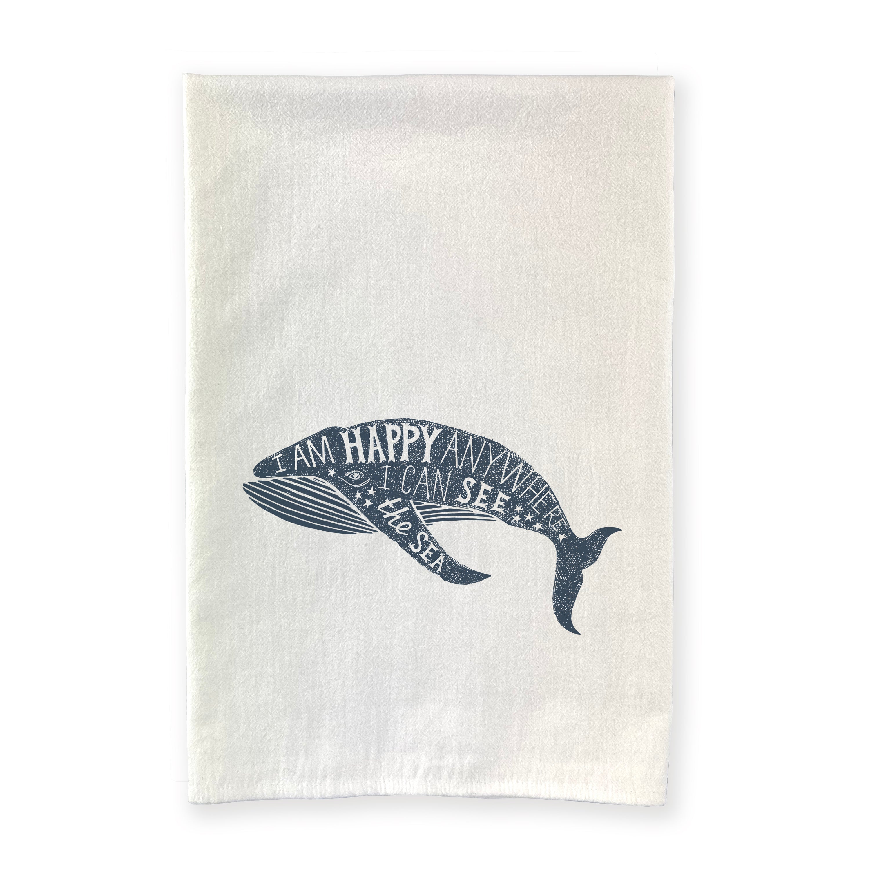 I am Happy Anywhere cotton tea towel featuring a whimsical whale design, made from 100% absorbent cotton.