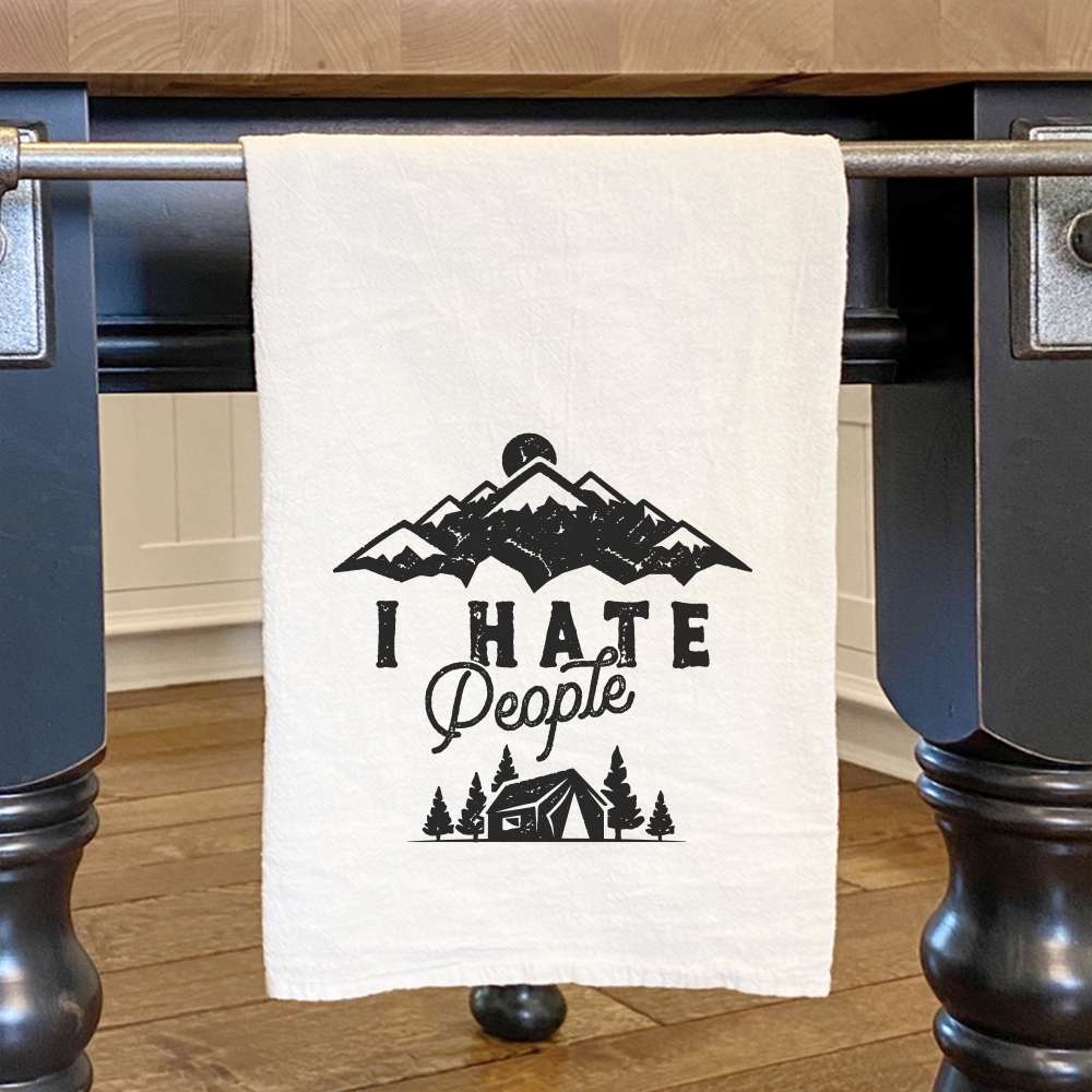 I Hate People cotton tea towel featuring humorous design, vibrant colors, and hemmed edges, perfect for kitchen use.