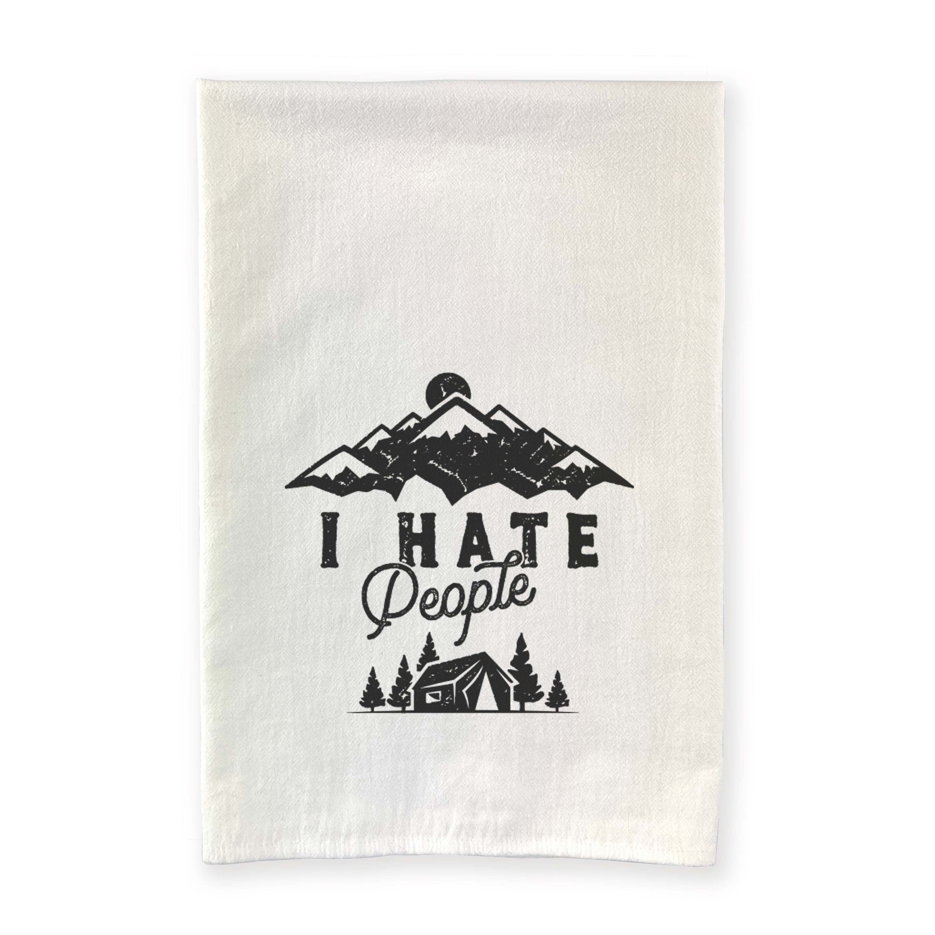 I Hate People cotton tea towel featuring humorous design, vibrant colors, and hemmed edges, perfect for kitchen use.