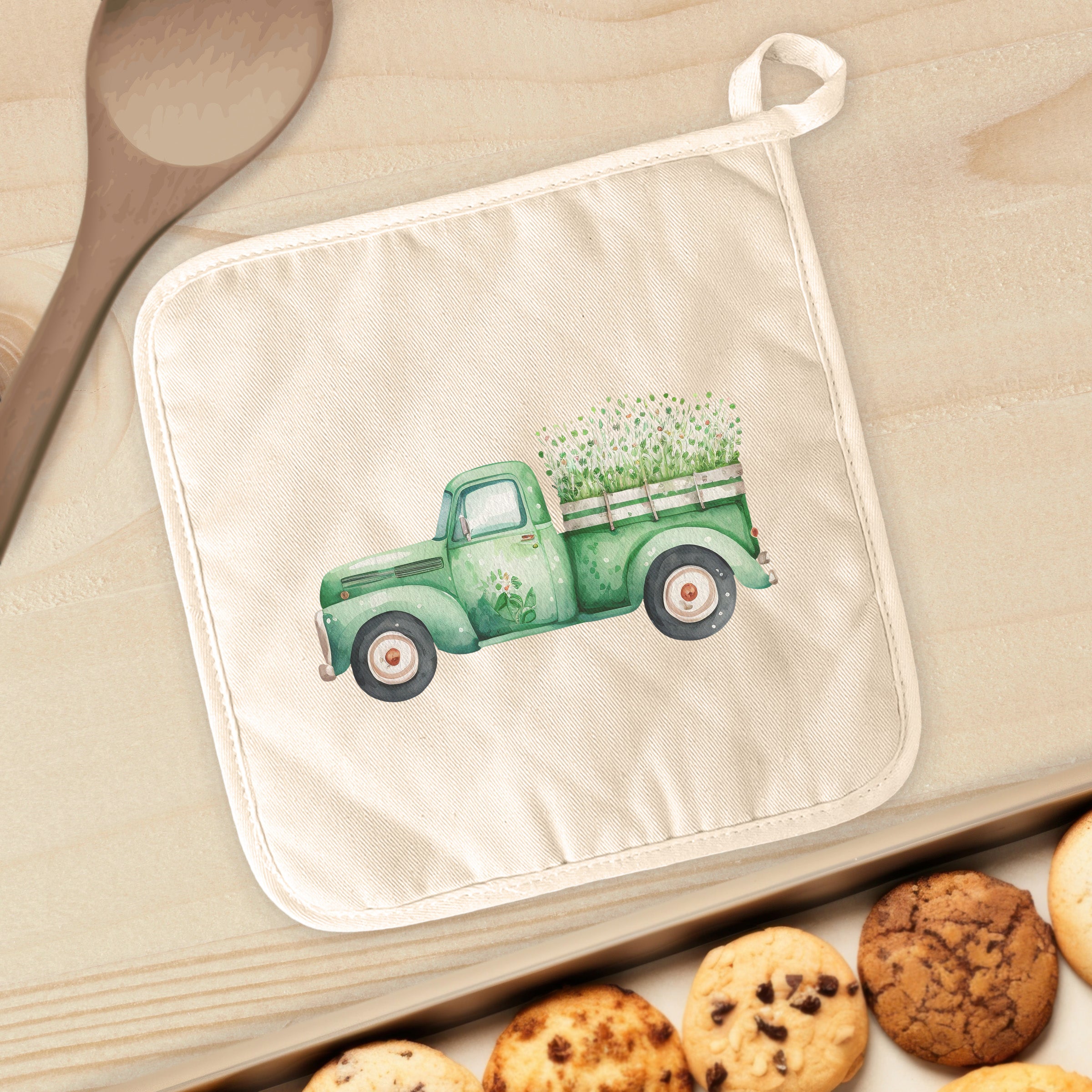 Irish Farm Truck cotton pot holder with vibrant design, perfect for protecting surfaces from hot cookware.