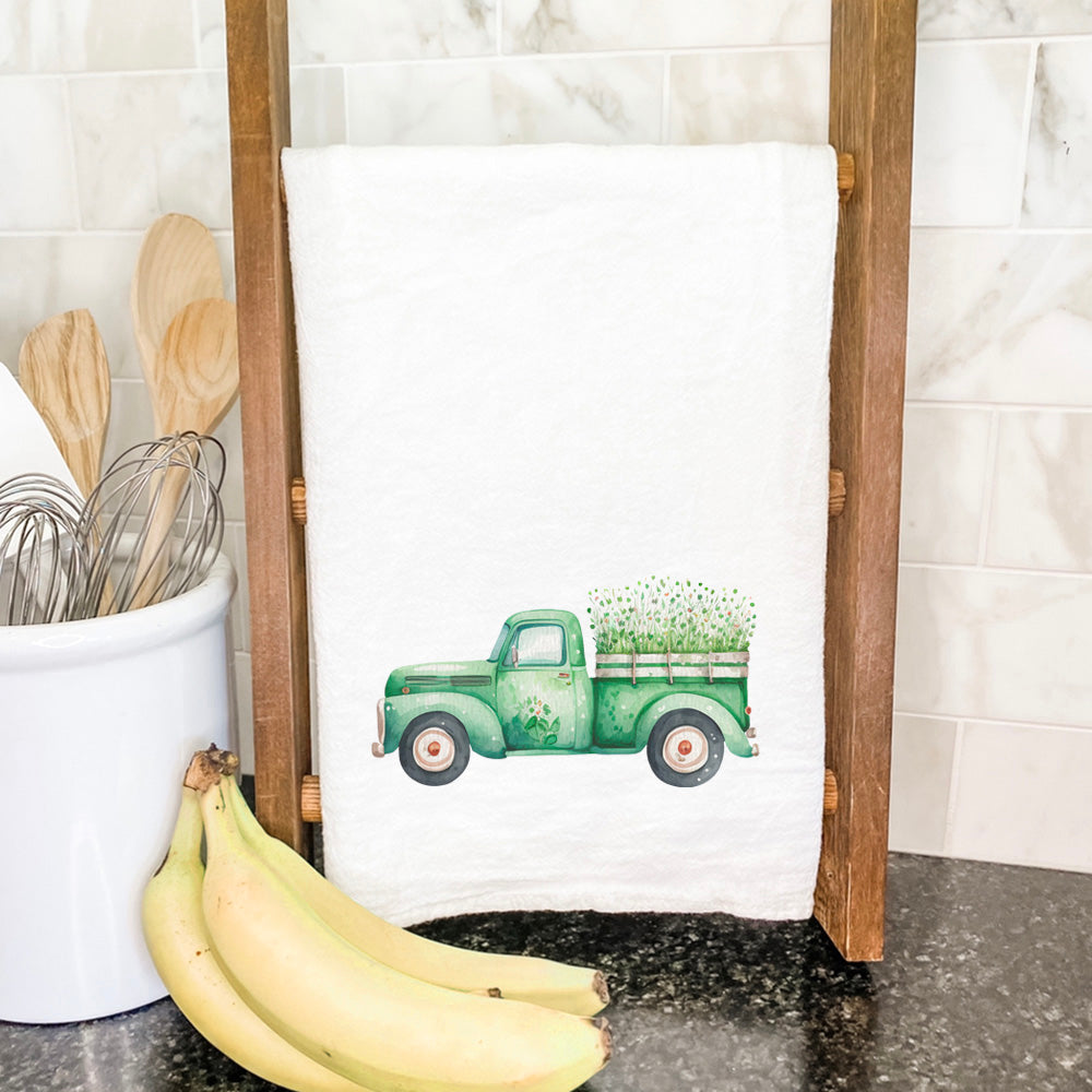 Irish Farm Truck Cotton Tea Towel featuring vibrant colors and a charming design, perfect for kitchen use.