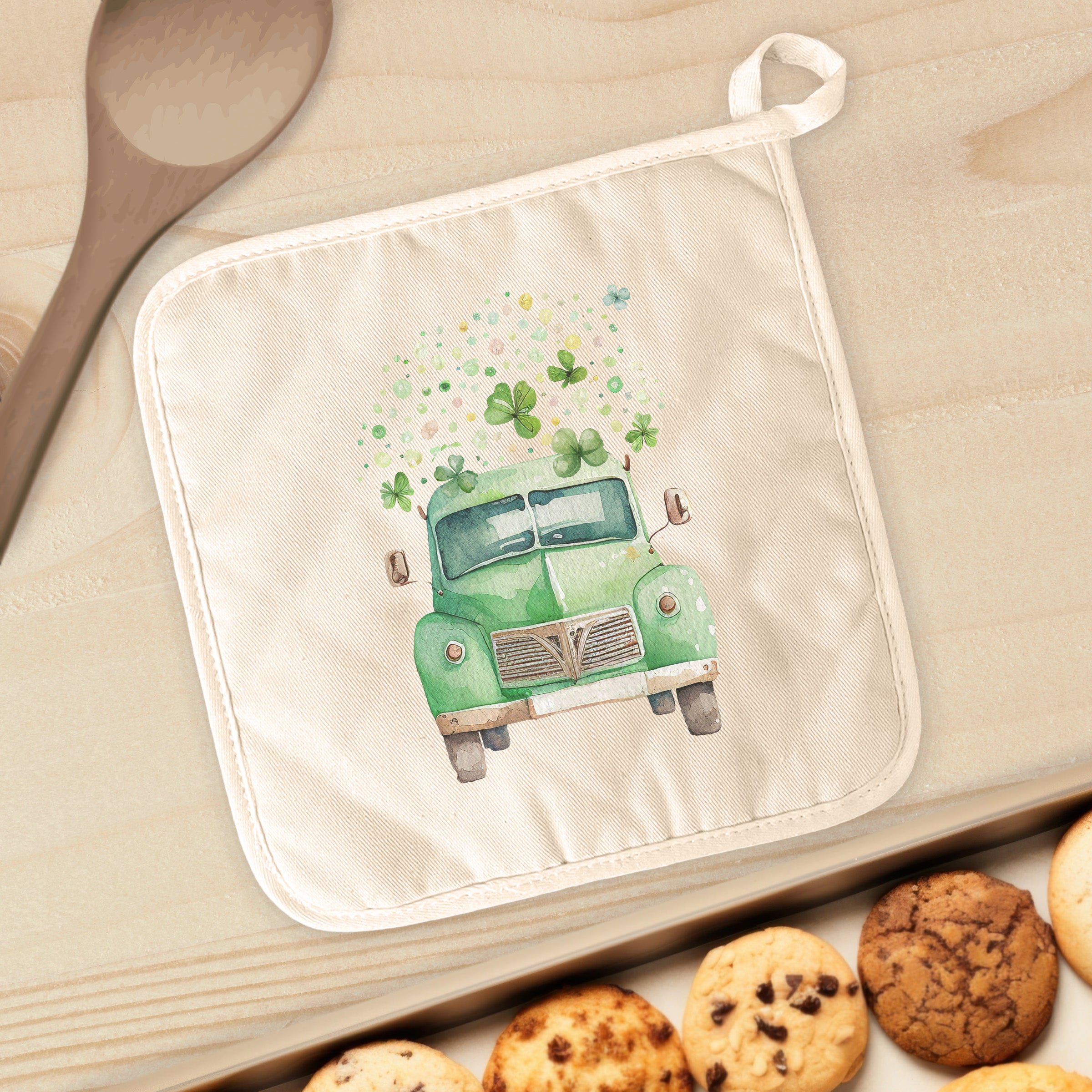 Irish Farm Truck Cotton Pot Holder with clover design, showcasing vibrant colors and quilted texture.