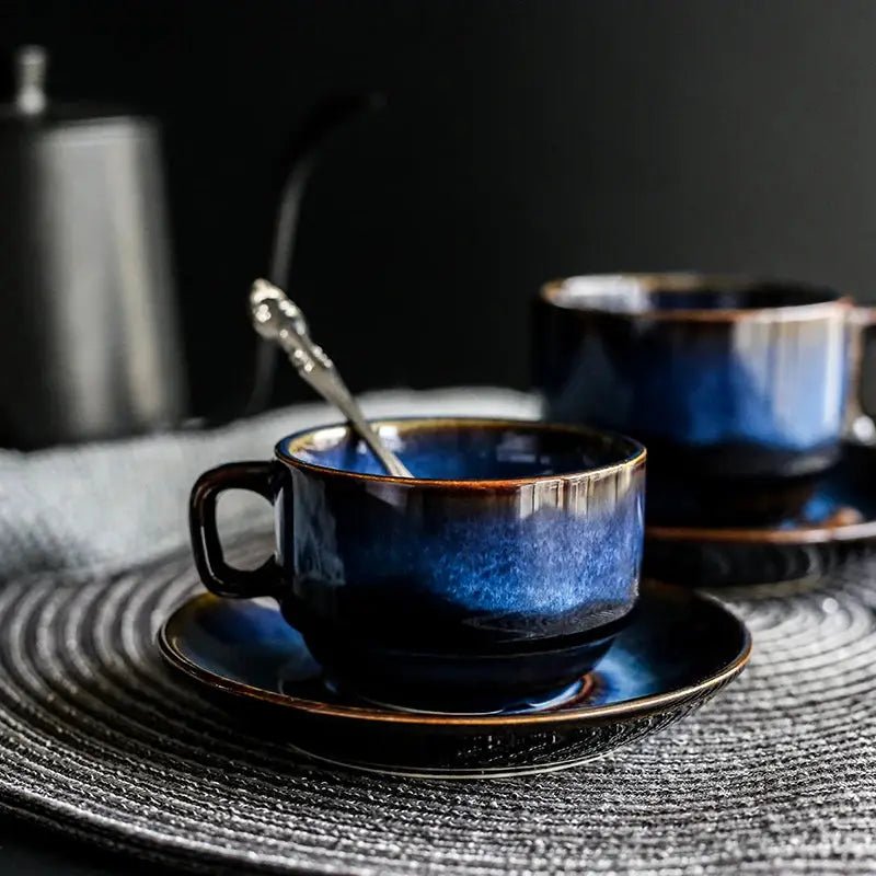 A handcrafted blue ceramic Istikan cup and saucer set, ideal for coffee and tea, showcasing elegant design and quality craftsmanship.