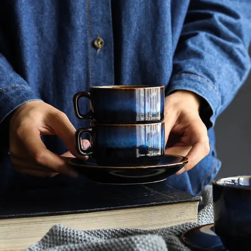 A handcrafted blue ceramic Istikan cup and saucer set, ideal for coffee and tea, showcasing elegant design and quality craftsmanship.