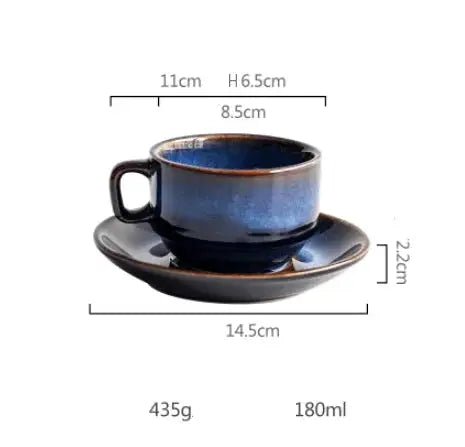 A handcrafted blue ceramic Istikan cup and saucer set, ideal for coffee and tea, showcasing elegant design and quality craftsmanship.