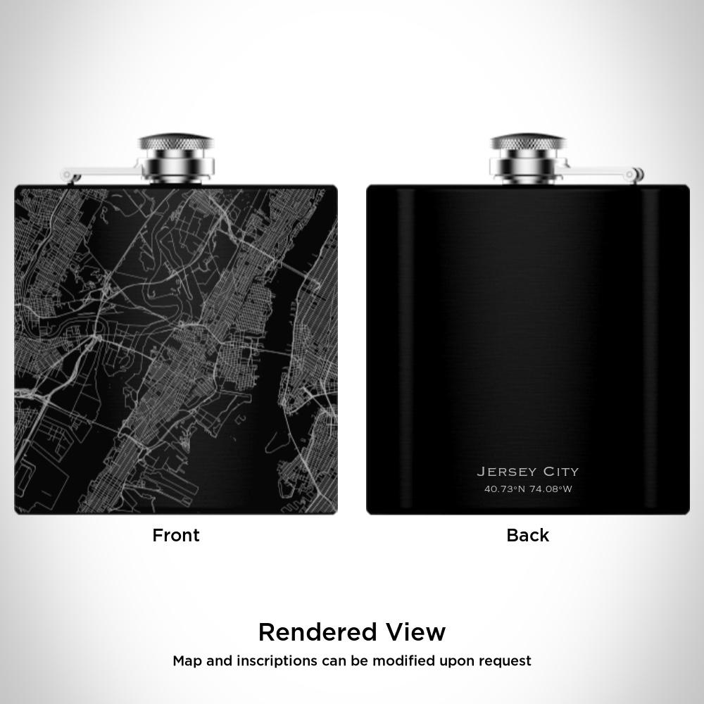 Matte black hip flask featuring a custom engraved map of Jersey City, New Jersey, with coordinates, alongside a canvas bag and funnel.