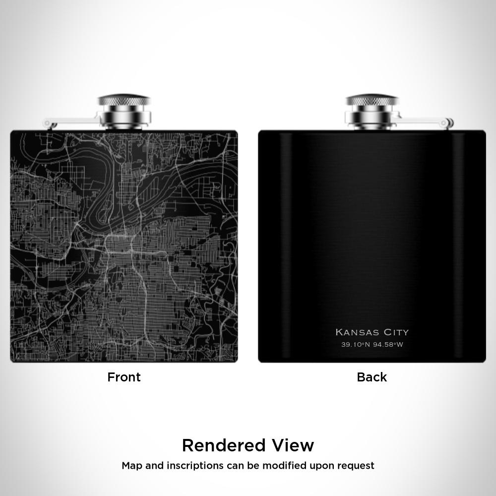 Custom engraved matte black hip flask featuring a Kansas City map and coordinates, with a canvas bag and funnel included.