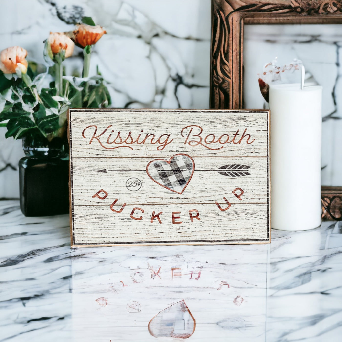 Handmade wooden Kissing Booth sign, perfect for Valentine's Day decor, showcasing a rustic design with a timeless appeal.