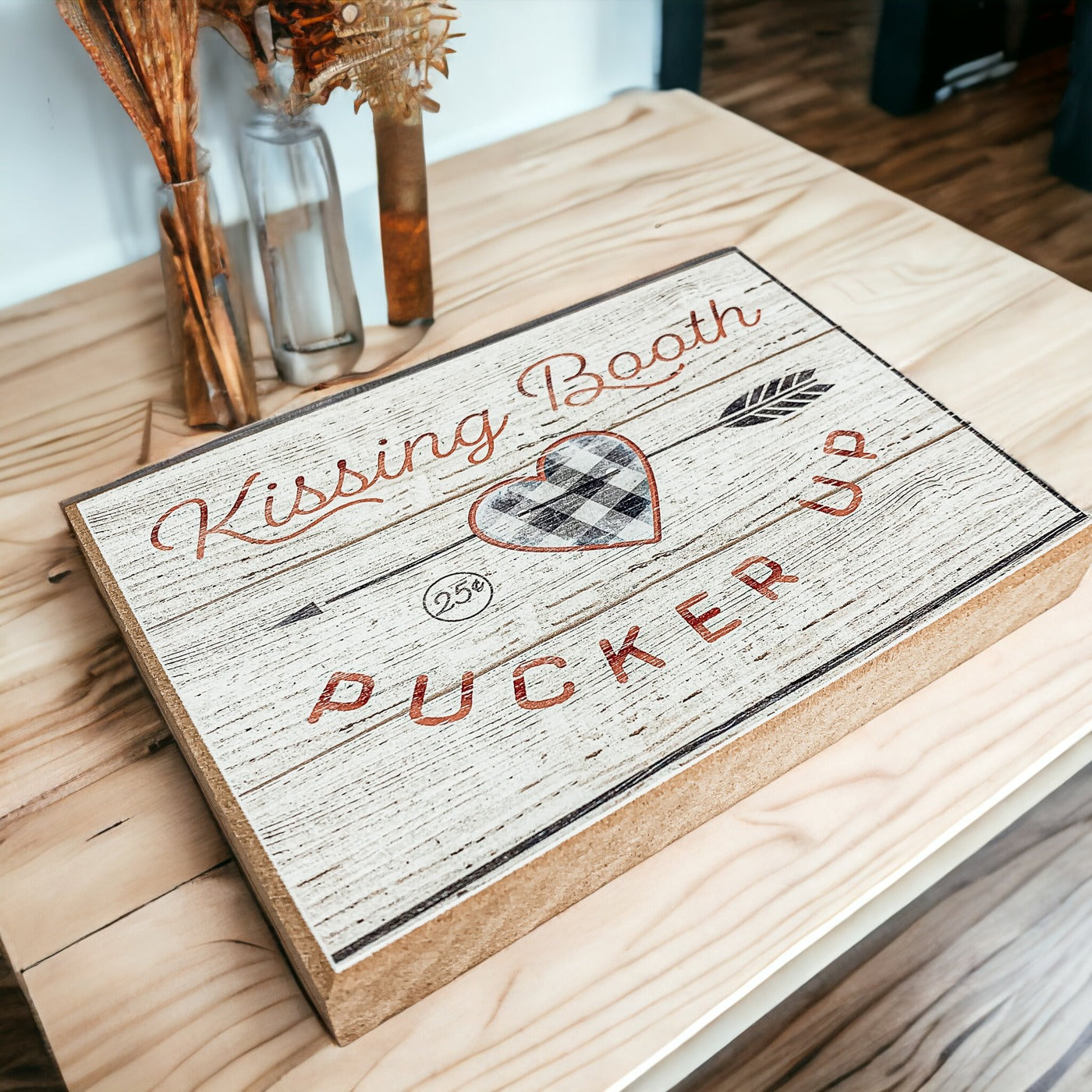 Handmade wooden Kissing Booth sign, perfect for Valentine's Day decor, showcasing a rustic design with a timeless appeal.