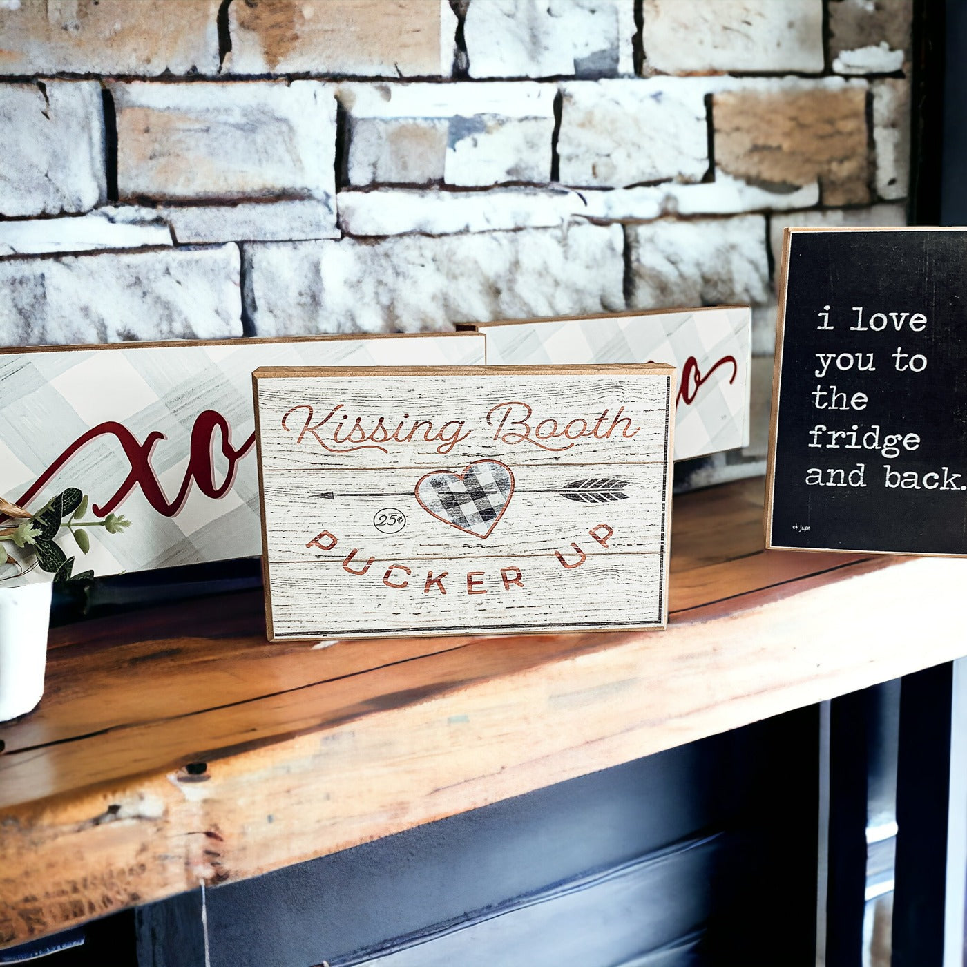 Handmade wooden Kissing Booth sign, perfect for Valentine's Day decor, showcasing a rustic design with a timeless appeal.