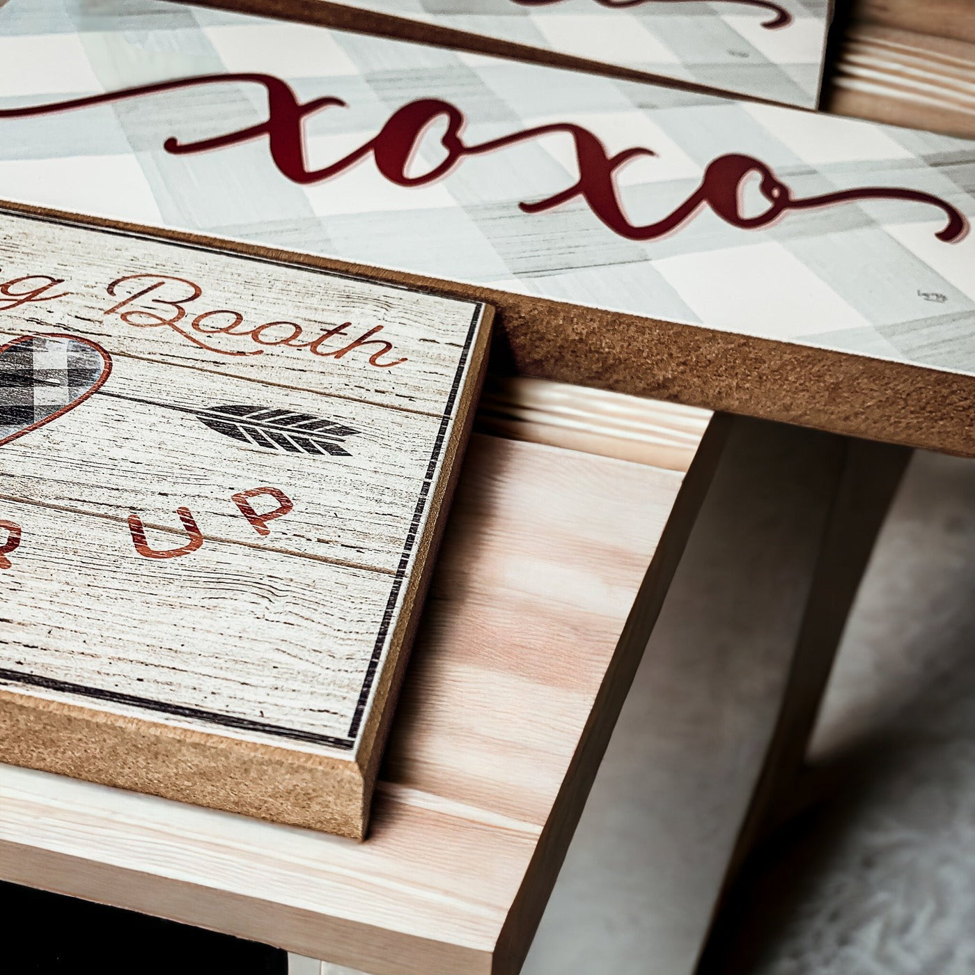 Handmade wooden Kissing Booth sign, perfect for Valentine's Day decor, showcasing a rustic design with a timeless appeal.