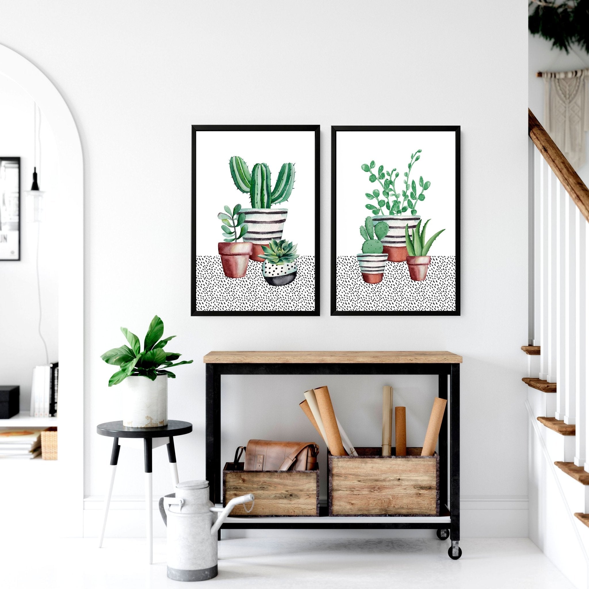 Set of 2 wall art prints featuring vibrant watercolour illustrations of succulent plants, perfect for kitchen decor.