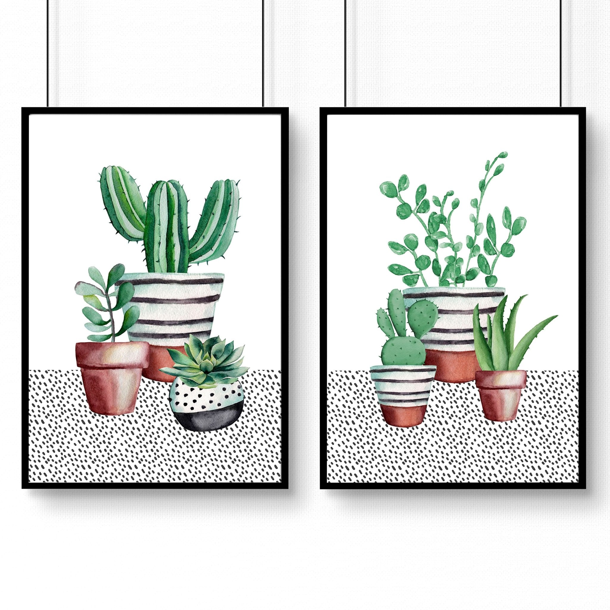 Set of 2 wall art prints featuring vibrant watercolour illustrations of succulent plants, perfect for kitchen decor.