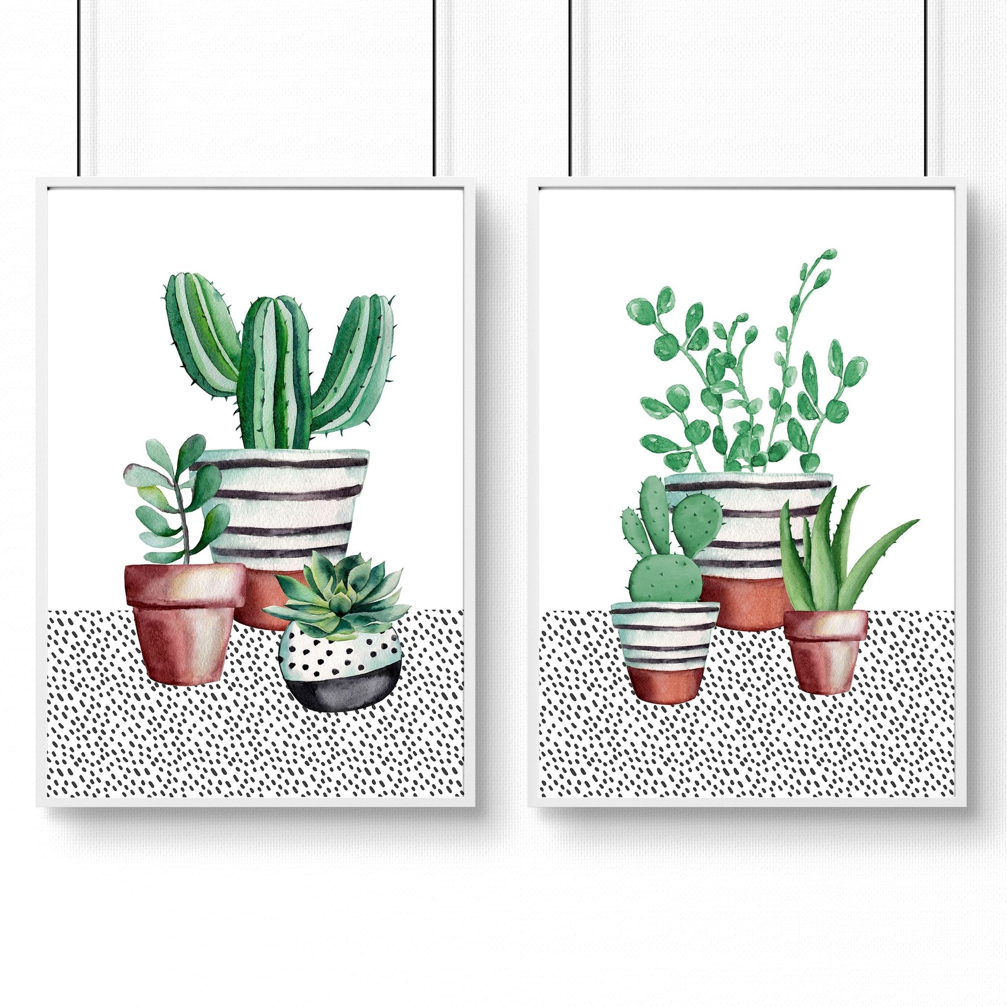 Set of 2 wall art prints featuring vibrant watercolour illustrations of succulent plants, perfect for kitchen decor.