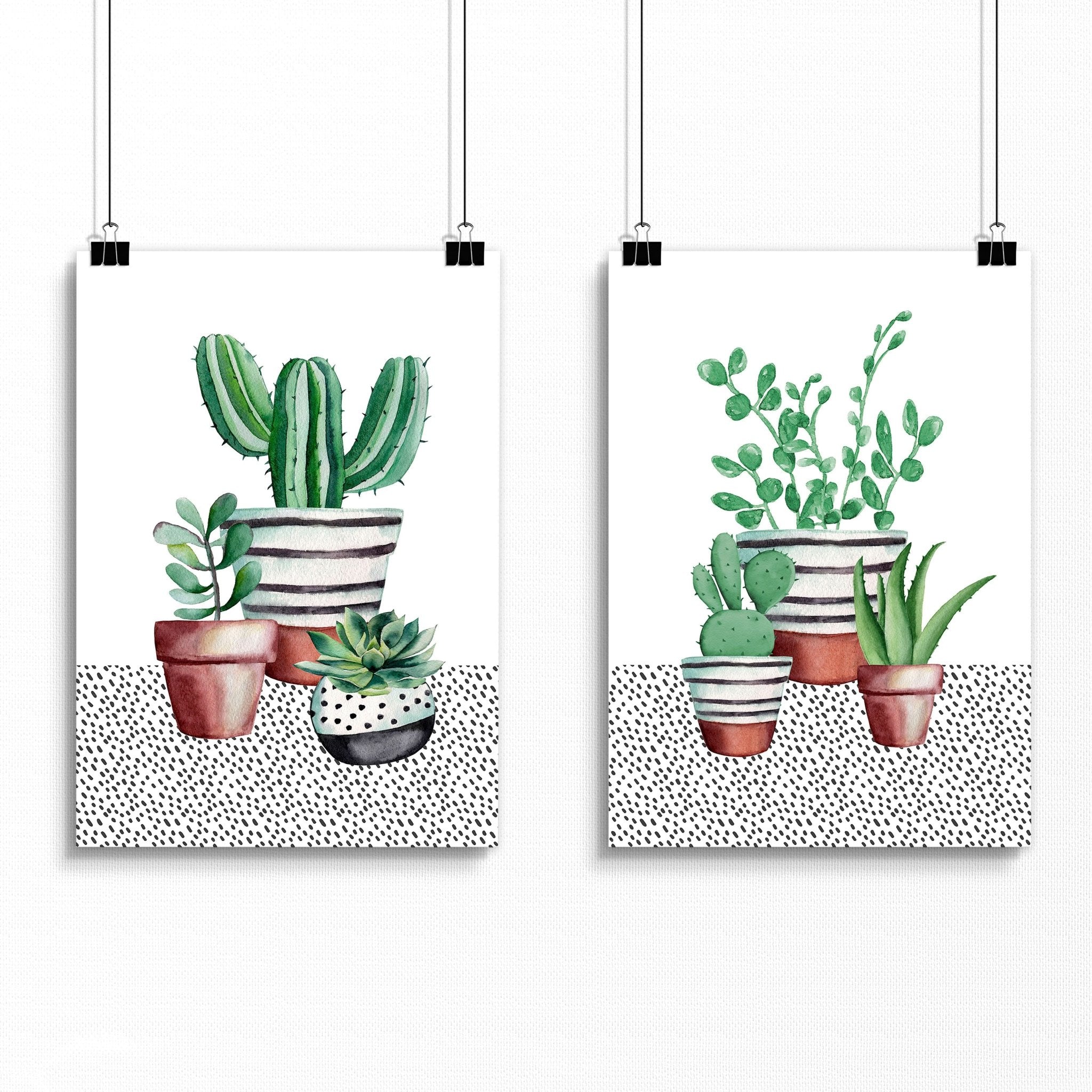 Set of 2 wall art prints featuring vibrant watercolour illustrations of succulent plants, perfect for kitchen decor.