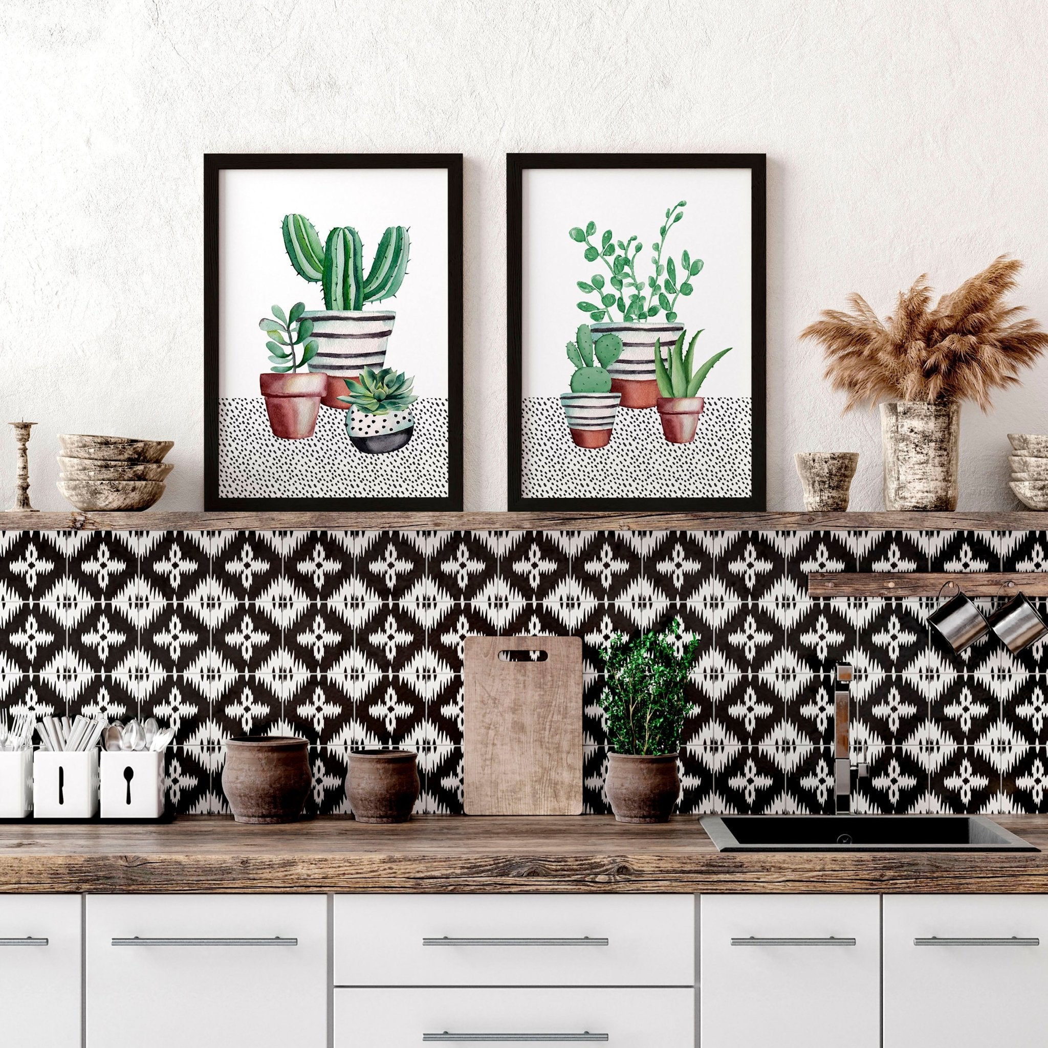 Set of 2 wall art prints featuring vibrant watercolour illustrations of succulent plants, perfect for kitchen decor.