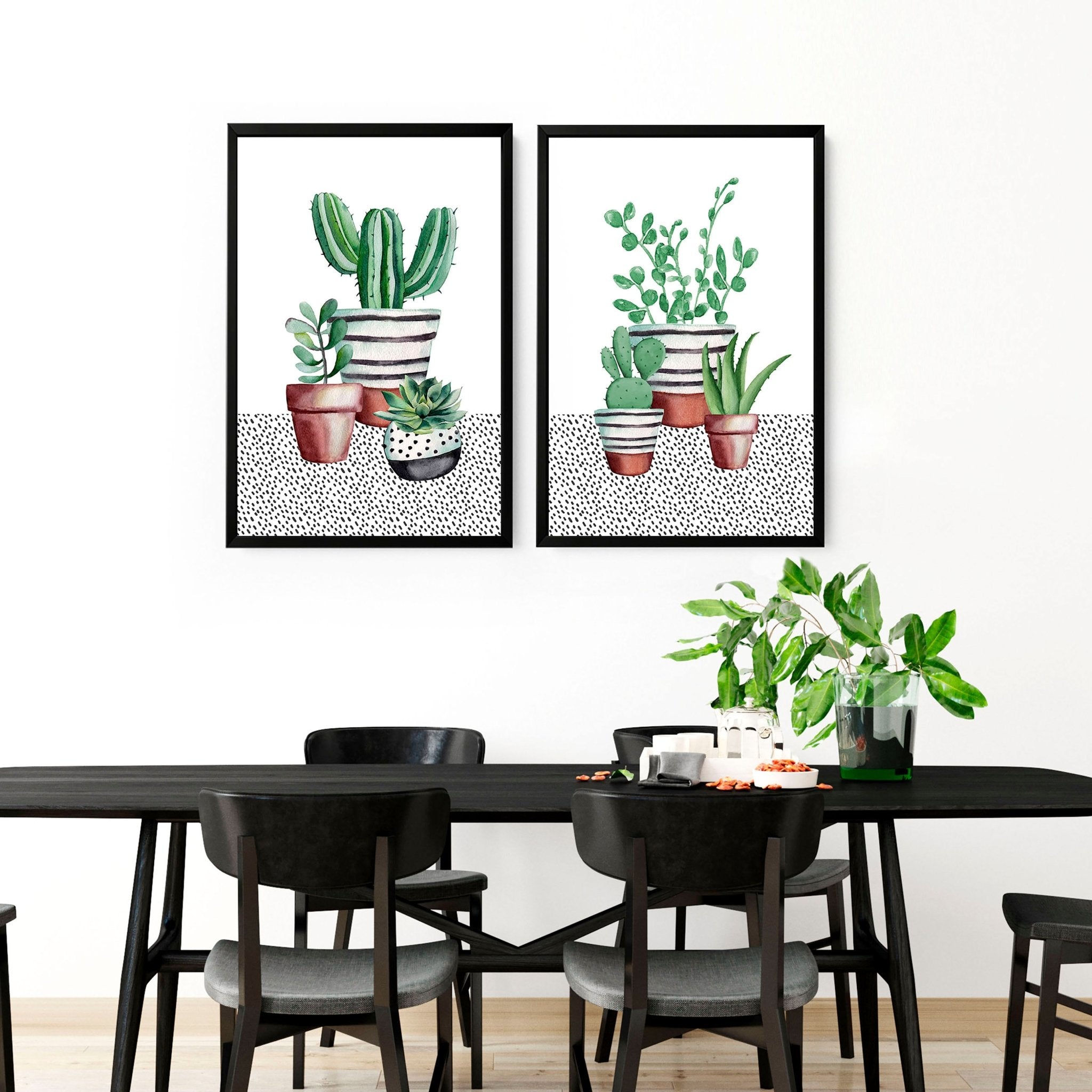 Set of 2 wall art prints featuring vibrant watercolour illustrations of succulent plants, perfect for kitchen decor.