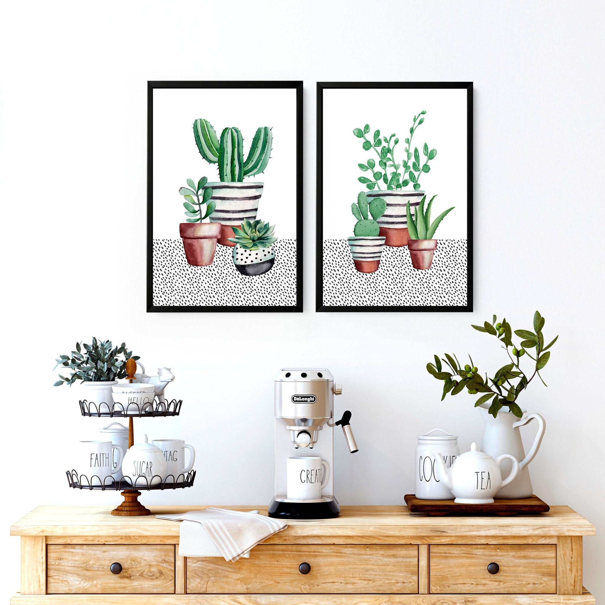 Set of 2 wall art prints featuring vibrant watercolour illustrations of succulent plants, perfect for kitchen decor.