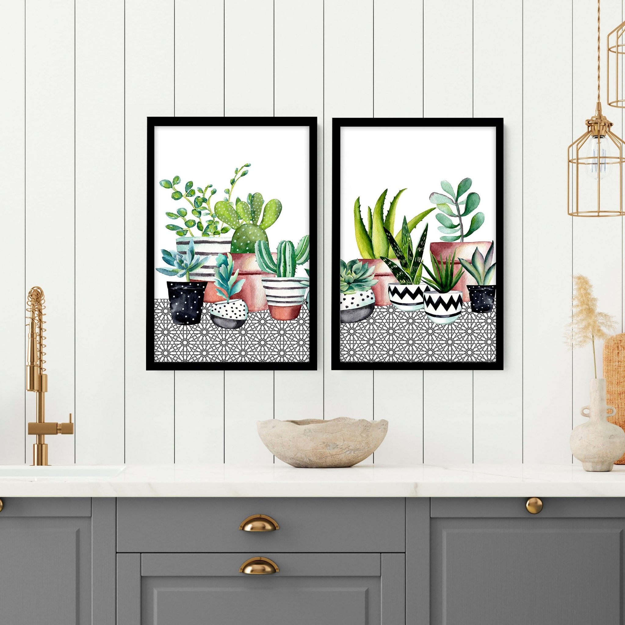 Set of 2 succulent wall art prints featuring vibrant watercolor illustrations, perfect for kitchen or dining room decor.