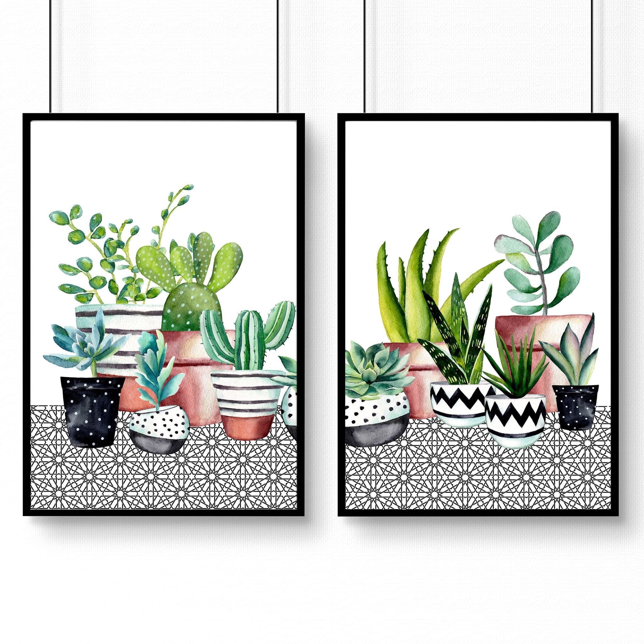 Set of 2 succulent wall art prints featuring vibrant watercolor illustrations, perfect for kitchen or dining room decor.