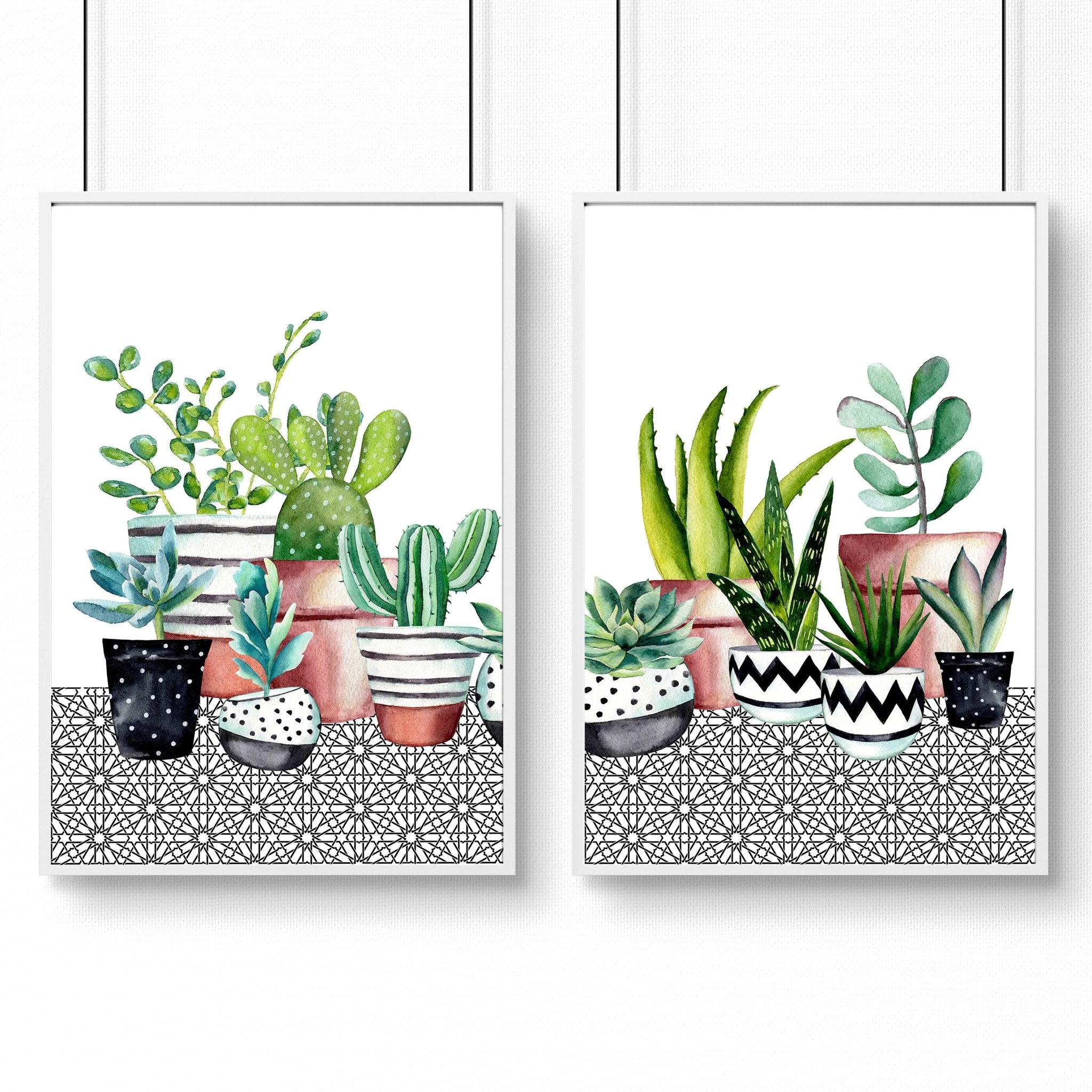 Set of 2 succulent wall art prints featuring vibrant watercolor illustrations, perfect for kitchen or dining room decor.