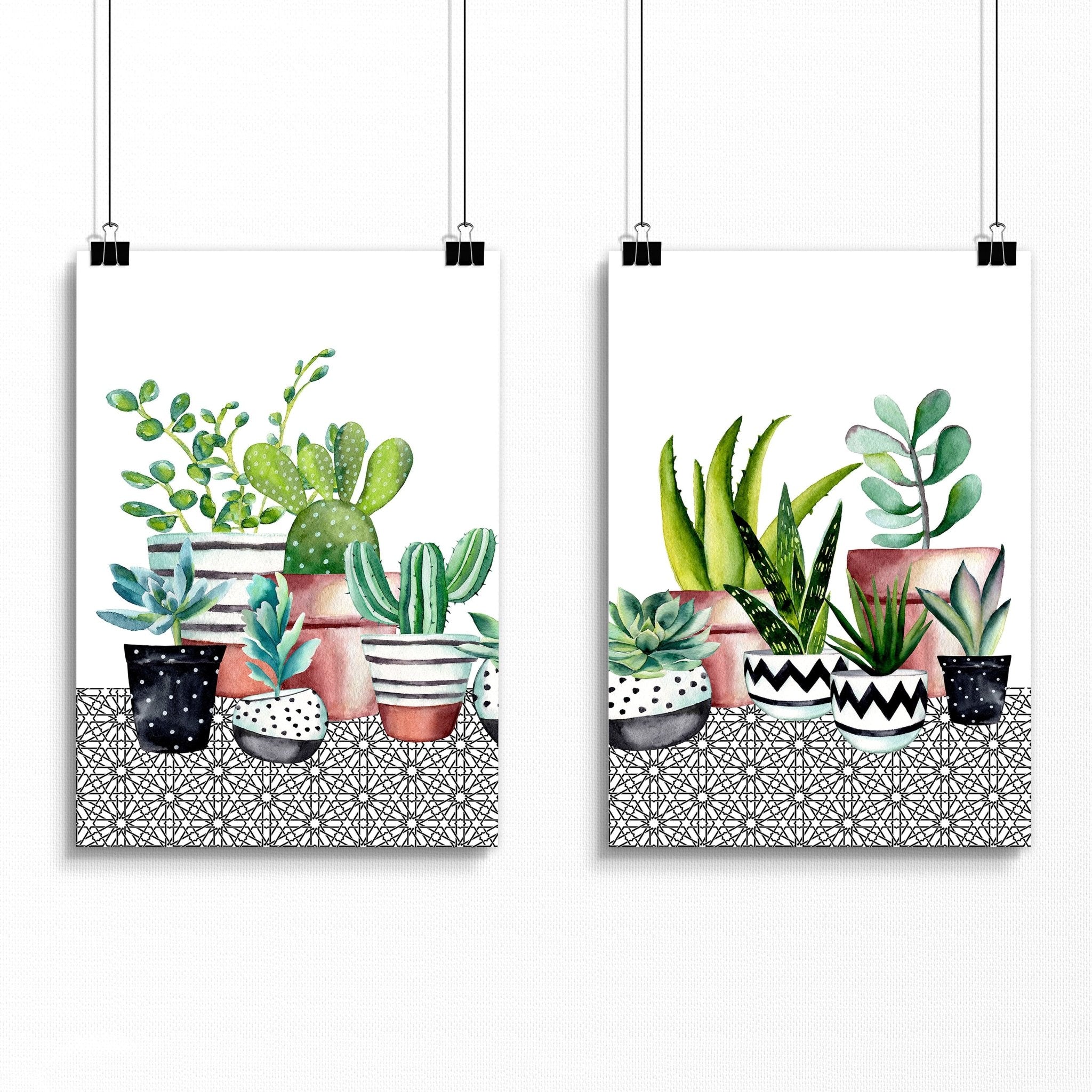 Set of 2 succulent wall art prints featuring vibrant watercolor illustrations, perfect for kitchen or dining room decor.