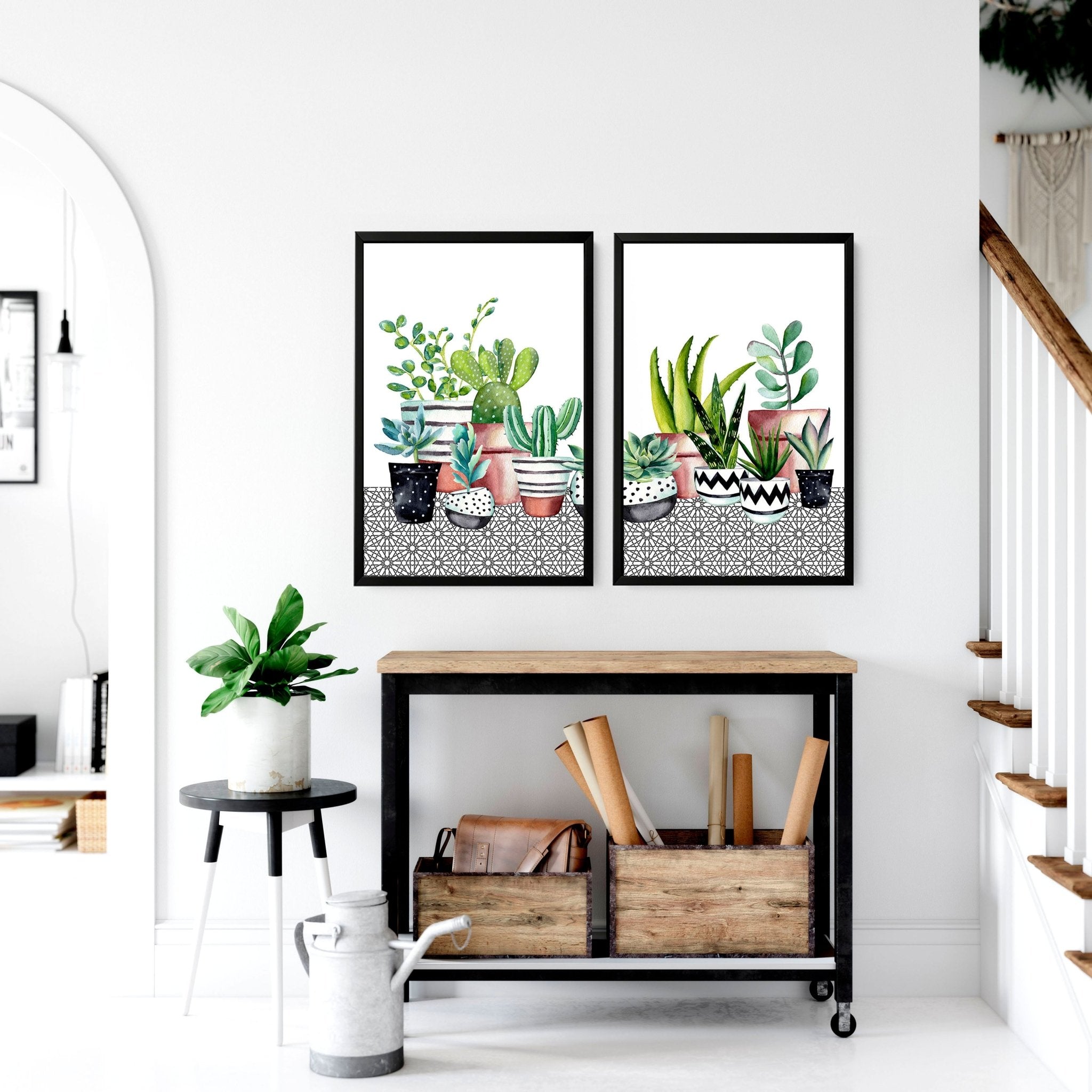 Set of 2 succulent wall art prints featuring vibrant watercolor illustrations, perfect for kitchen or dining room decor.