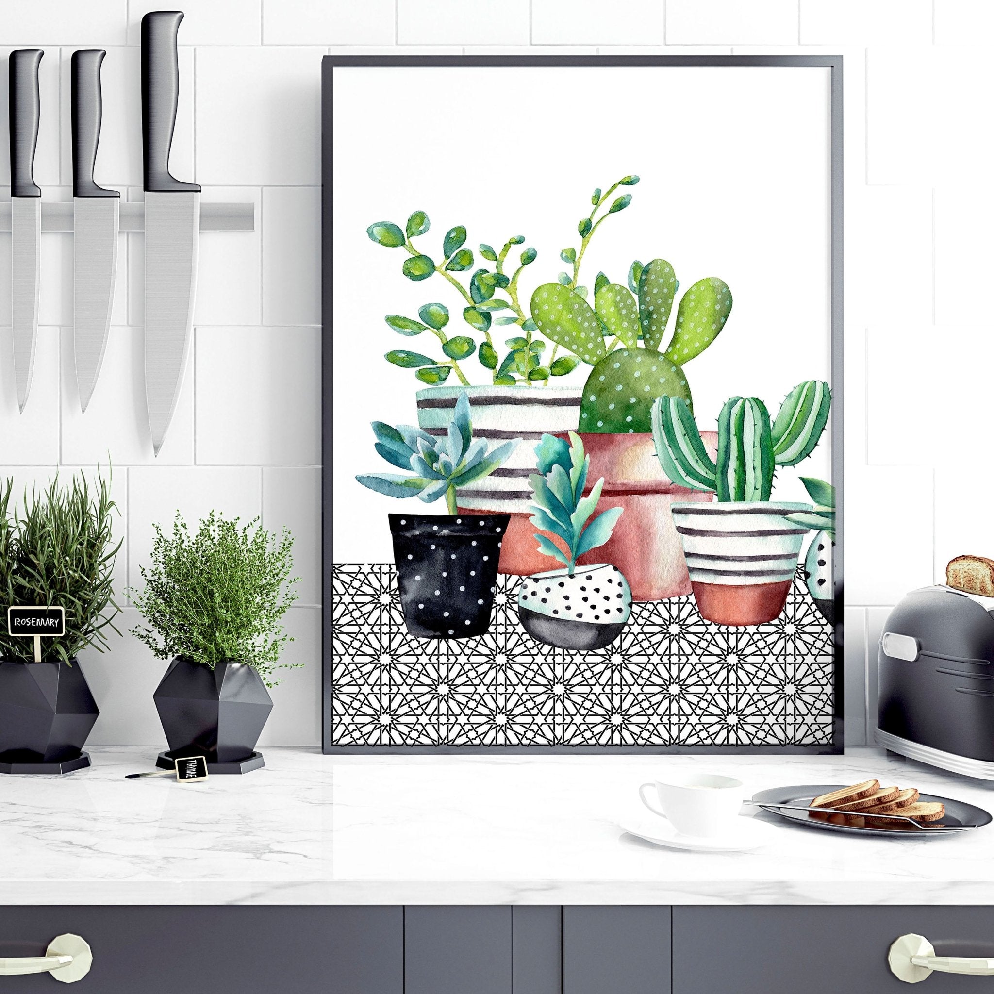 Set of 2 succulent wall art prints featuring vibrant watercolor illustrations, perfect for kitchen or dining room decor.